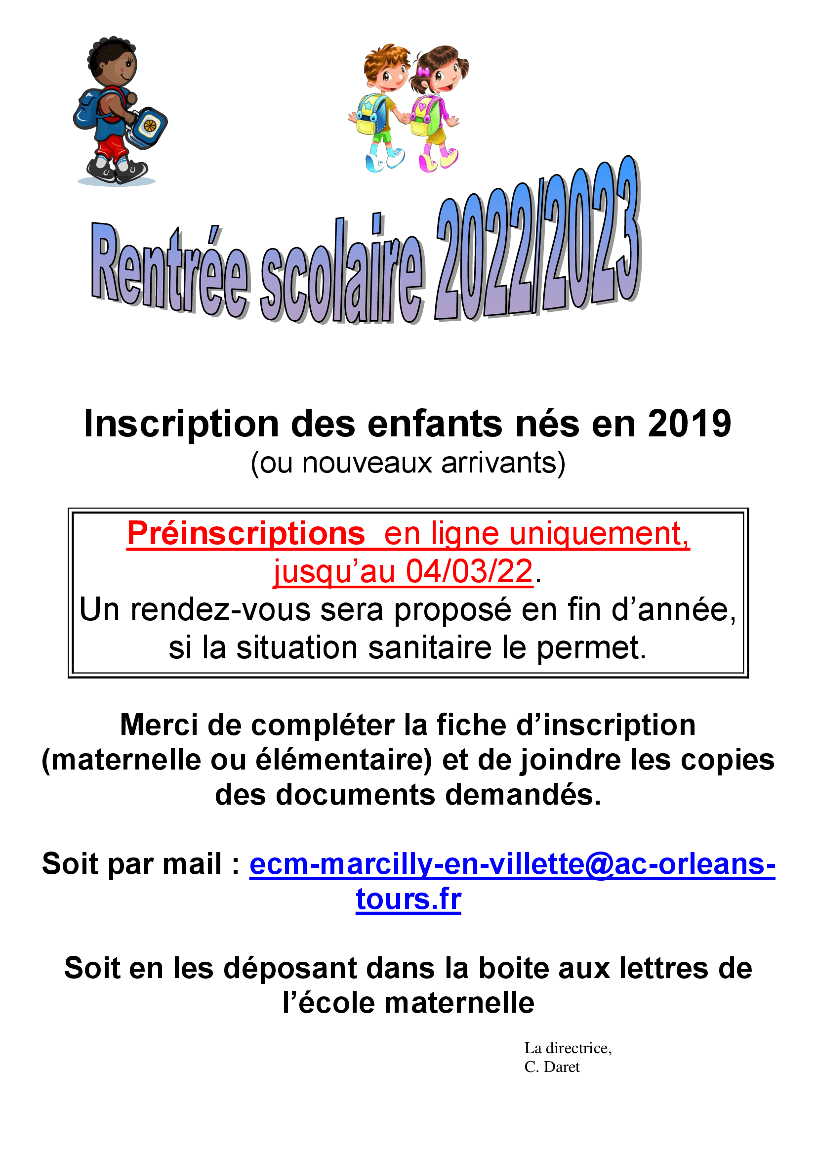 Inscriptions Rentrée Scolaire 2022-2023 - Marcilly